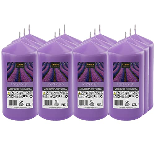 Lote 12 Velas Taco Perfumadas Lavanda Spa Grandes XXL 120 x 57 mm - Velones Aromáticos - Gran Duración (34-36 Horas) y Delicado Aroma - Aromaterapia por Velas