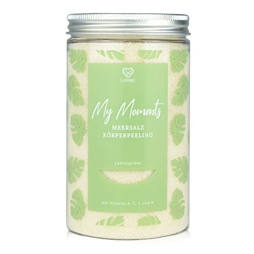 LoWell® 500 g de exfoliante corporal de sal marina para la ducha y la sauna - Exfoliación con aceite de jojoba para cuidar la piel - Exfoliante corporal - Lemongrass