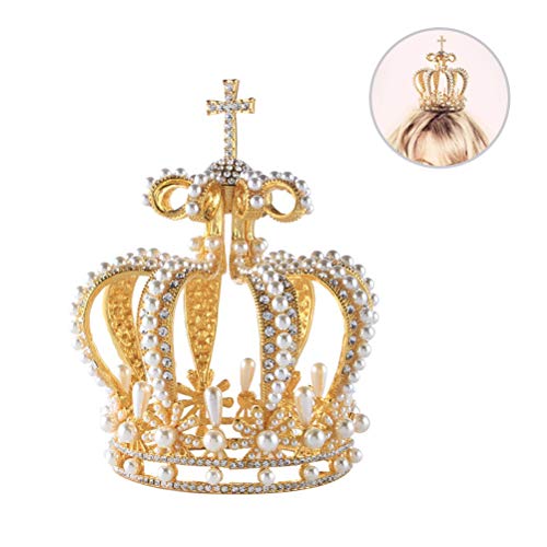 Lurrose Corona Dorada de la Boda Corona barroca Vintage Tiara Rhinestone Perla Boda Real Nupcial Reina Coronas