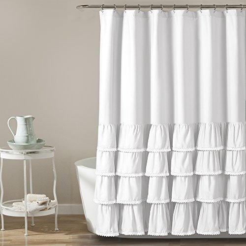 Lush Decor 16T002858 Ella-Cortina de Ducha con Volantes de Encaje, Poliéster, Blanco, 72 Inches x 72 Inches