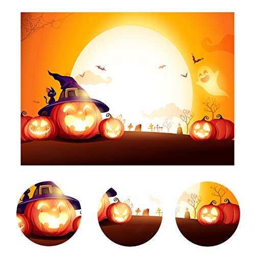 LYWYGG 7x5FT Fondo de Fotografía de Noche de Halloween Niños Fiesta de Halloween Accesorios de Fotografía Noche de Luna Linterna de Calabaza Fondo de Fotografía Decoración de Halloween CP-275