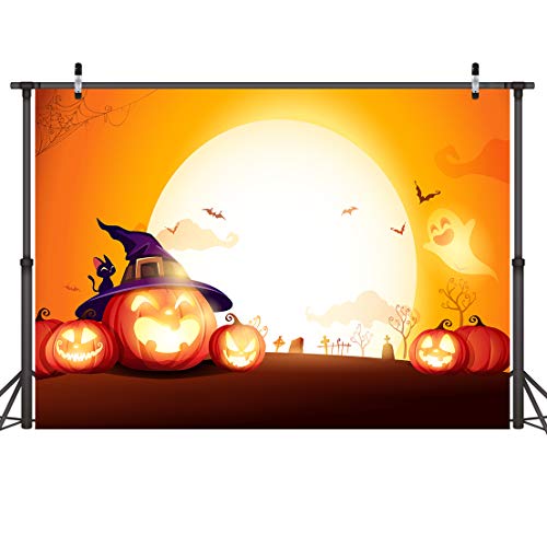 LYWYGG 7x5FT Fondo de Fotografía de Noche de Halloween Niños Fiesta de Halloween Accesorios de Fotografía Noche de Luna Linterna de Calabaza Fondo de Fotografía Decoración de Halloween CP-275