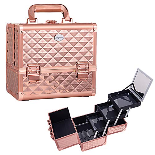 Maletin Maquillaje Estuche Maquillaje Neceser Caja Maquillaje Cosméticos de Viaje Beauty Case Profesional Maletin Manicura Joyero con Soporte de Cepillo Extraíble y Espejo 25 x 18 x 23.5CM, Oro Rosa