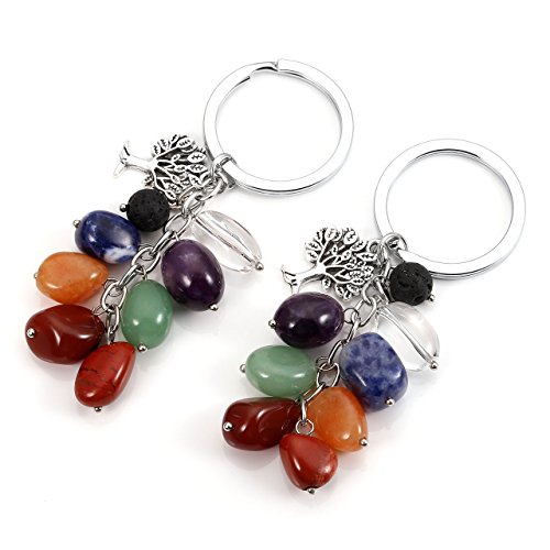 MANIFO Llavero natural de 7 chakras con piedras preciosas de cristal con encanto de árbol de la vida, llavero curativo Reiki