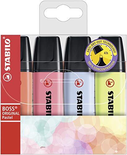 Marcador STABILO BOSS ORIGINAL pastel - Estuche con 4 colores pastel (rojo coral, rosa cerezo, azul nube, lima)