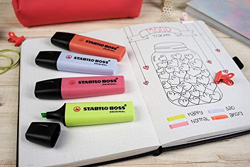Marcador STABILO BOSS ORIGINAL pastel - Estuche con 4 colores pastel (rojo coral, rosa cerezo, azul nube, lima)