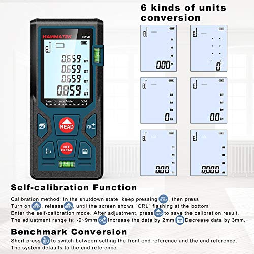 Medidores Laser 50m, Telémetro Láser con 2 Burbujas de Niveles in M/In/Ft, Memorias 99 datos, Pantalla LCD Retroiluminada, Medición de Pitágoras, IP54, Automático Apagado, Calibración Automática