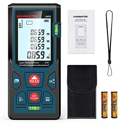 Medidores Laser 50m, Telémetro Láser con 2 Burbujas de Niveles in M/In/Ft, Memorias 99 datos, Pantalla LCD Retroiluminada, Medición de Pitágoras, IP54, Automático Apagado, Calibración Automática