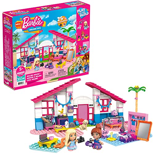 Mega Construx Barbie Casa de Malibú, muñecas con casa de bloques de construcción y accesorios de juguete (Mattel GWR34)
