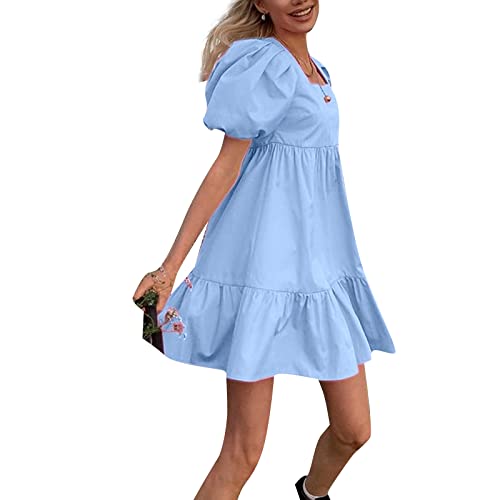 Mini Vestido con Mangas abullonadas para Mujer Vestido de Fiesta con Cuello Cuadrado Vestido con Dobladillo con Volantes y Manga Farol Vestidos Babydoll (Light Blue, Medium)