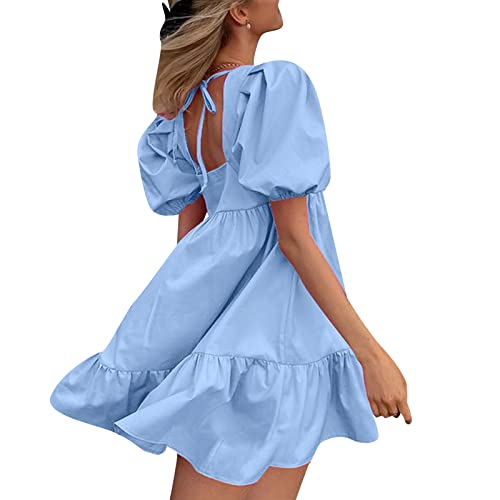 Mini Vestido con Mangas abullonadas para Mujer Vestido de Fiesta con Cuello Cuadrado Vestido con Dobladillo con Volantes y Manga Farol Vestidos Babydoll (Light Blue, Medium)