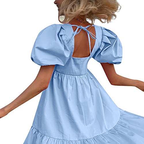 Mini Vestido con Mangas abullonadas para Mujer Vestido de Fiesta con Cuello Cuadrado Vestido con Dobladillo con Volantes y Manga Farol Vestidos Babydoll (Light Blue, Medium)