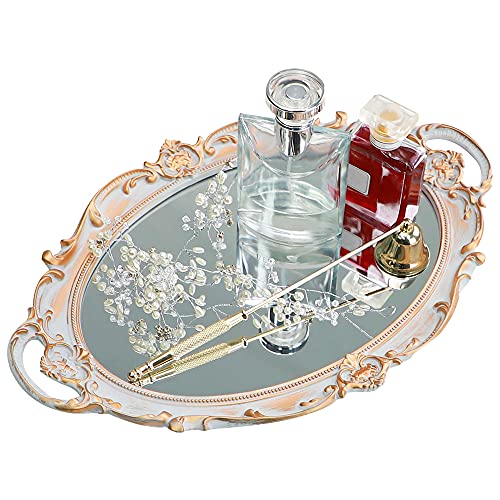 Moamun - Bandeja de espejo decorativa, bandeja ovalada vintage para perfumes, maquillaje, joyas, cosméticos, bandeja de servicio para dressing, dormitorio, salón, gris dorado