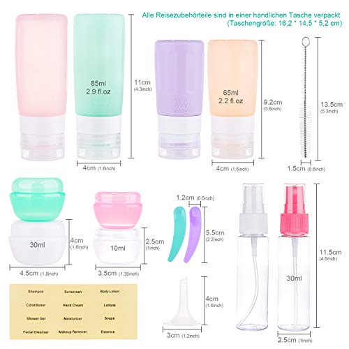 Morfone Botellas de Viaje de Silicona,Botella de Viaje 16 Piezas Aprobado por la TSA Botes Viaje Rellenado Juego a Prueba de Fugas para Champús, Loción y Artículos de Tocador, FDA Certified BPA Free