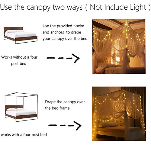 Mosquitero para dosel de cama, cortinas de cuatro esquinas para colocar en la cama, elegante mosquitero, gancho de palo y cuerda de profesión para red, cortinas de toldo de malla de pantalla, White