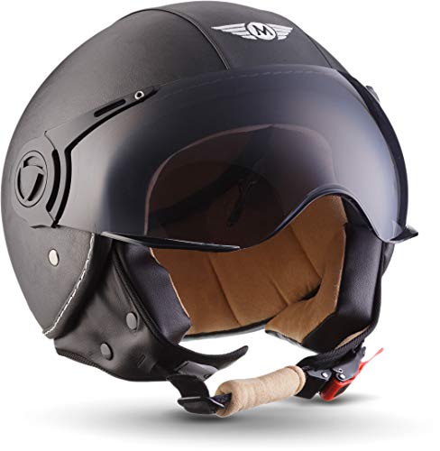 Moto H44 - Leather Black - Casco Cuero Moto Demi-Jet con Visera Vespa Scooter Piloto Jet Negro - XS (53-54cm)
