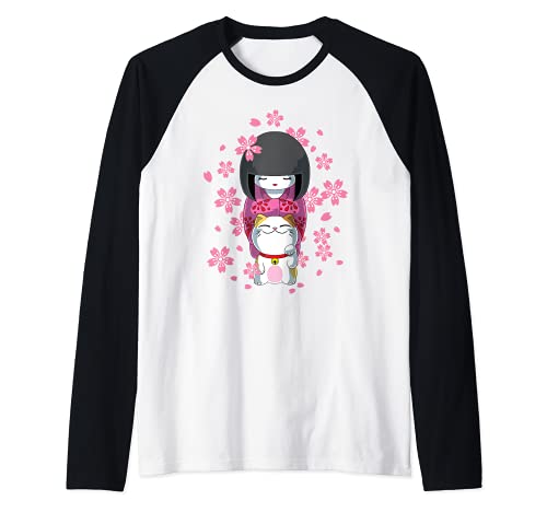 Muñeca Japonesa Kawaii Kokeshi y Gato Maneki Neko Camiseta Manga Raglan