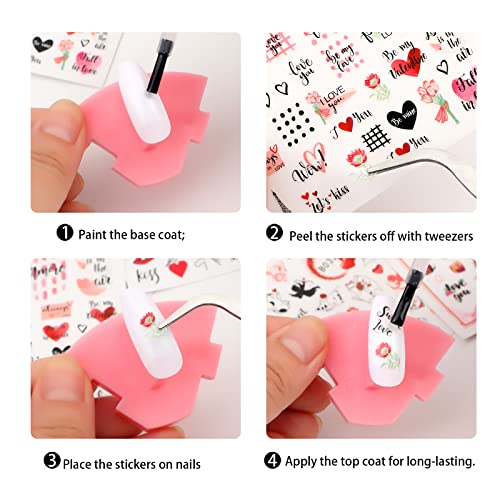 MWOOT 12 Hojas 3D Pegatinas Uñas, Etiquetas 3D Engomadas Autoadhesivas Patrones Flor Corazón de Labios Rojos, Calcomanías de Uñas Temática Mixta Día San Valentín para Nail Art Decoración