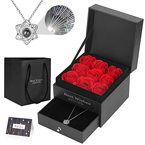 Oryidr Rosa Eterna Preserved with Love Necklace Gift Jewelry Box 100 Idiomas Regalos Románticos Kit,San Valentín, Navidad, Día de la Madre (Negro)