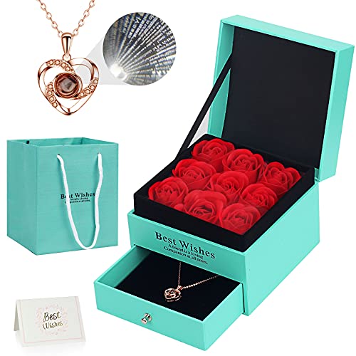 Ozrpn Juego de Rosas Eternas,Regalo Original para Damas,Caja de joyería de Rosa eterna con Collar de te Amo,Regalo de cumpleaños, Día de San Valentín,Día de la Madre,Aniversario,Navidad (Verde)