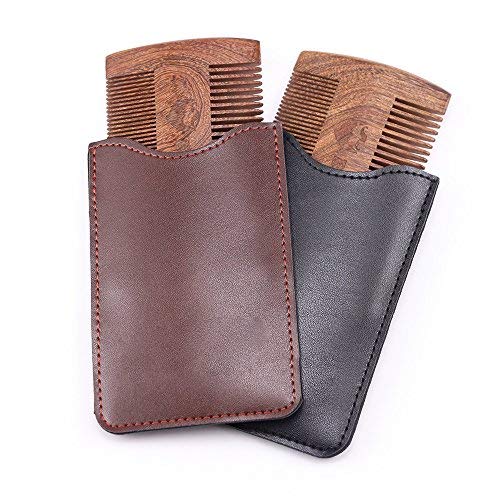 Peine para barba de madera para hombres, antiestático, doble acción, dientes finos y gruesos Peine de madera con estuche de cuero, perfecto para bálsamos y aceites(01#)
