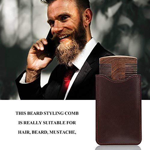 Peine para barba de madera para hombres, antiestático, doble acción, dientes finos y gruesos Peine de madera con estuche de cuero, perfecto para bálsamos y aceites(01#)