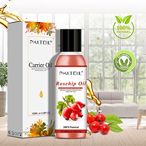 PHATOIL Aceites Corporales de Rosa Mosqueta 100 ml, 100% Aceite de Masaje Naturales, Refrescante y no Graso para Aceite básico para Masaje, Baño, Humectar y Equilibrar la Piel, Hidratar el Cabello