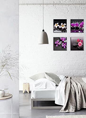 Piy Painting 4 Piezas Cuadro Lienzo Moderno, Orquídea y Guijarros Pinturas Murales Decoración, Flores Imágenes Arte de Pared Listo para Colgar Cuadros sobre el Lienzo con Baño Dormitorio 30x30cm