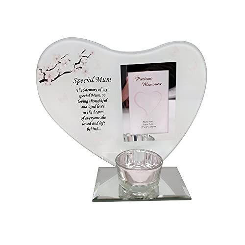 Placas especiales en forma de corazón y portavelas – Memoriales de recuerdo, placas conmemorativas de velas con mensajes especiales en marcos de fotos de vidrio para tus seres queridos (Mum)