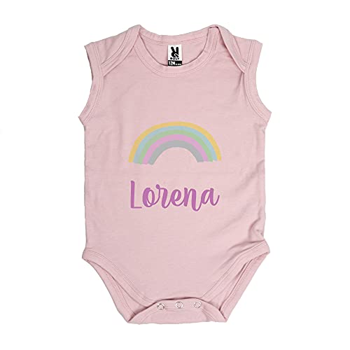 PROMO SHOP Body Bebé Personalizado con Nombre e elegir · Regalos Bebes recien nacidos Originales · Diseño Arco Iris · Color Rosa · Talla 3 Meses
