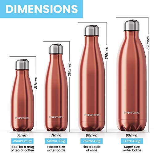 Proworks Botellas de Agua Deportiva de Acero Inoxidable | Cantimplora Termo con Doble Aislamiento para 12 Horas de Bebida Caliente y 24 Horas de Bebida Fría - Libre de BPA - 750ml – Cobre