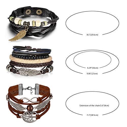 Pulsera Hombre Piel Juego de 3 Pcs Punk Rock Estilo Vintage Vida Árbol Alas de ángel Pluma Pulseras Aleación Color Marrón Plata Negro