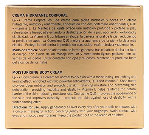 Q77+ CREMA HIDRATANTE CORPORAL - Efecto Antiage - Crema Reafirmante Antiarrugas - Tratamiento Corporal Antienvejecimiento - Con Factor77. Coenzima Q10. Ácido Alfa Lipoico. Karité y Vitamina E -200ml