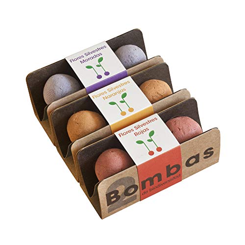 Resetea | Bombas de biodiversidad | Pack 6 | Flores silvestres rojas, flores silvestres naranjas y flores silvestres moradas.