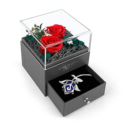 Rosa Eterna, Preservada Rosa Natural Hecha a Mano y Broche de Tulipán, Flores Preservadas Caja de Regalo, Regalos Románticos para Regalo Madre, Novia, Aniversario, San Valentín