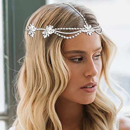 Runmi Cadena de cabeza de cristal, diadema de plata, accesorio para el cabello de flores, para festivales, boda, accesorios para el cabello para mujeres y niñas
