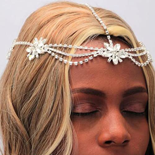 Runmi Cadena de cabeza de cristal, diadema de plata, accesorio para el cabello de flores, para festivales, boda, accesorios para el cabello para mujeres y niñas