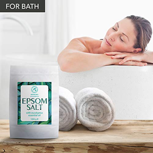 Sal Epsom Baño con Aceite Esencial Eucalipto 1kg - Cristales de Sulfato de Magnesio para Aliviar el Dolor Muscular - Sales de Baño Relajantes - Cuidado de Piel - Muscular - Buen Sueño - Sal Inglesa