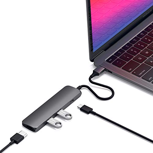 Satechi Adaptador Multi-Puertos Slim, Tipo-C de Aluminio con Puerto de Carga USB-C, 4K HDMI, USB 3.0, color Gris Sideral