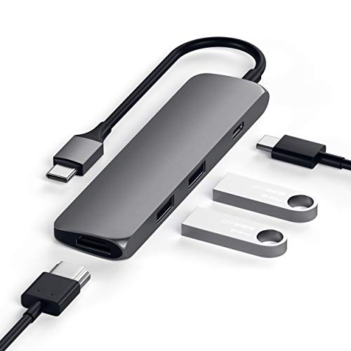 Satechi Adaptador Multi-Puertos Slim, Tipo-C de Aluminio con Puerto de Carga USB-C, 4K HDMI, USB 3.0, color Gris Sideral