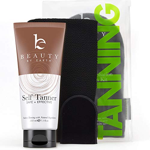 Self Tanner & Tanning Application Kit - Bundle of Sunless Tanning Lotion Made With Natural & Organic Ingredients, Exfoliation Mitt, Body and Face Applicator Glove for a Professional Self Tan