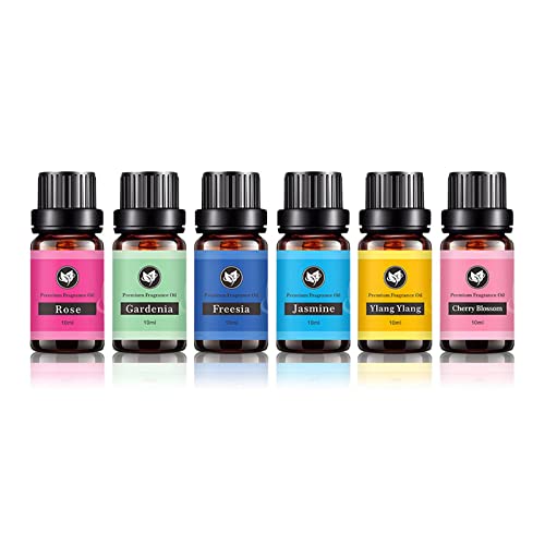 Set de regalo de aceites esenciales florales, fragancia de aceites difusores de aromaterapia, grado terapéutico 100 puro con gardenia, fresia, rosa, jazmín, ylang ylang, flor de cerezo, 10 ml * 6