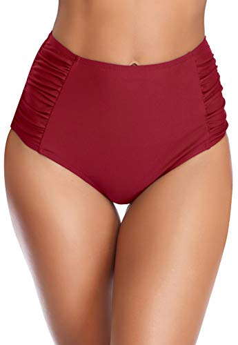 SHEKINI Ropa de Baño para Mujer Traje de Baño Vintage Cintua Alta Bikini Fondo Sexy Volantes Natación Retro Fruncido Estilo Trjes de Baño(Medium, Vino)
