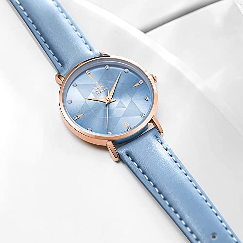 SHENGKE Estrella Reloj de Pulsera para Mujer, Correa de Malla, Elegante, para Mujer, Estilo Simplicidad,Flores(Starry-Genuine Leather-Blue)