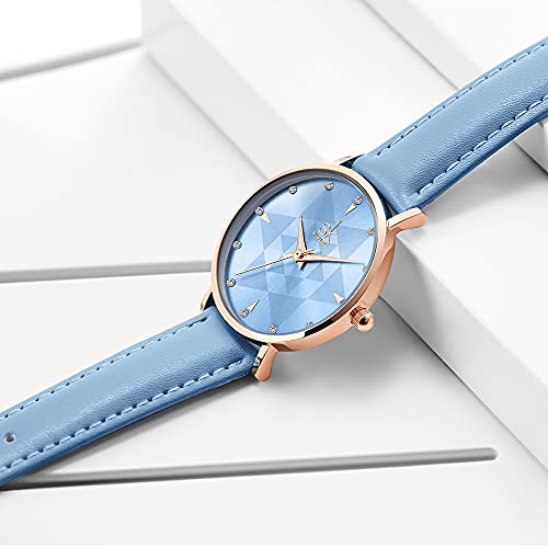 SHENGKE Estrella Reloj de Pulsera para Mujer, Correa de Malla, Elegante, para Mujer, Estilo Simplicidad,Flores(Starry-Genuine Leather-Blue)