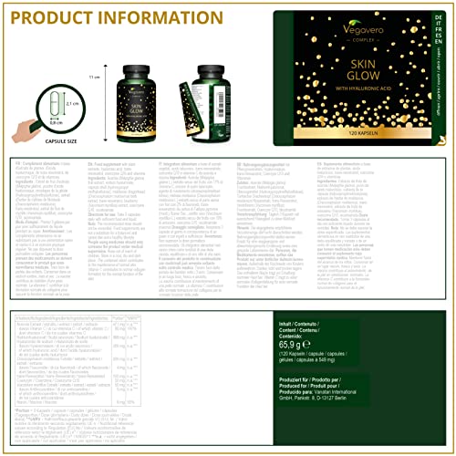 Skin Glow Vegavero® | Antiedad + Antiarrugas | Con Ácido Hialurónico + Q10 Coezima + Resveratrol | Vegano & Sin Aditivos | Vitamina C + Vitamina B3 + Bilberry Extract | 120 Cápsulas