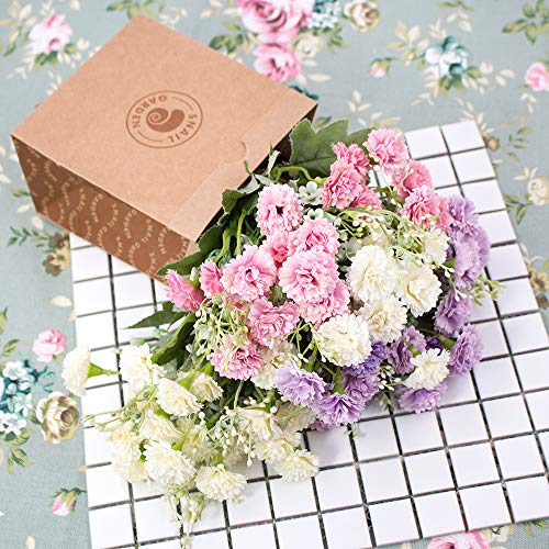 SnailGarden Mini Flores de Crisantemo Artificiales,60 Cabezas 3 Paquetes Ramo de Flores de Claveles Realistas de Seda,con Tarjeta de Felicitación & Bolsa de Papel Marrón para Decoración
