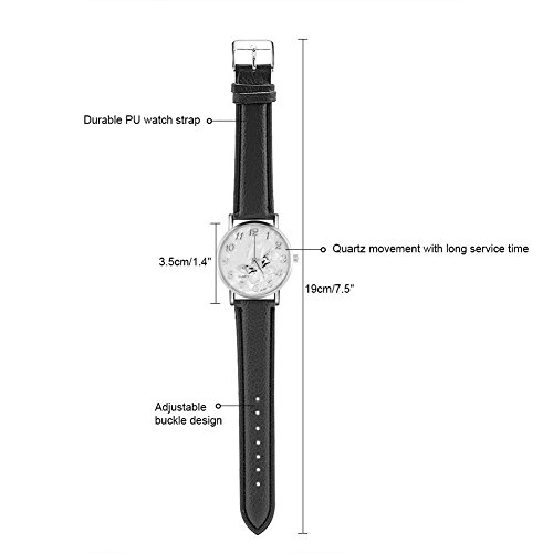 Sonew Reloj de Cuarzo de Las Mujeres Reloj de Pulsera analógico Femenino Redondo Correa de Cuero de la PU Reloj de diseño de Mariposa Simple de la Manera(Black)