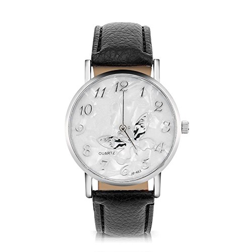 Sonew Reloj de Cuarzo de Las Mujeres Reloj de Pulsera analógico Femenino Redondo Correa de Cuero de la PU Reloj de diseño de Mariposa Simple de la Manera(Black)