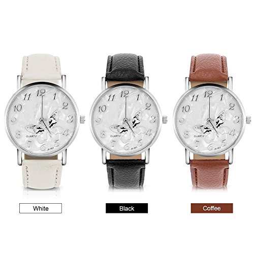 Sonew Reloj de Cuarzo de Las Mujeres Reloj de Pulsera analógico Femenino Redondo Correa de Cuero de la PU Reloj de diseño de Mariposa Simple de la Manera(Black)
